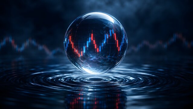 Futuristic Stock Market Chart Inside Crystal Sphere, Financial Trading Analysis with Red and Blue Candlestick Graph, Investment Forecast, Market Volatility and Fintech Economy Concept