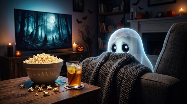 A cute cartoon ghost wrapped in a cozy blanket watching a spooky movie with popcorn and a drink on Halloween night