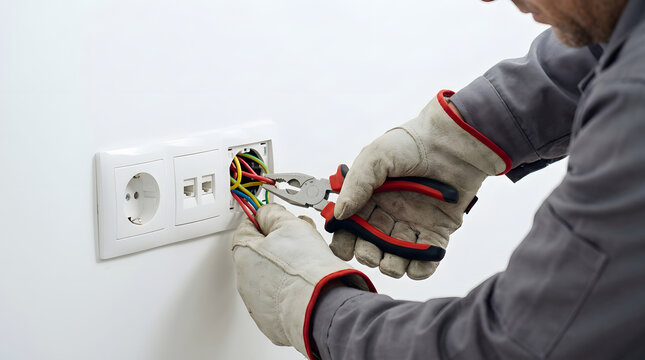 Professional electrician wearing safety gloves repairs wiring in a wall socket using pliers, maintenance and electrical installation service concept.