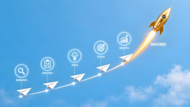 Business Growth Rocket Launch with Rising Arrow and Strategy Icons, Startup Success, Innovation, Leadership, Marketing Goals, Financial Progress and Corporate Development Concept in Blue Sky