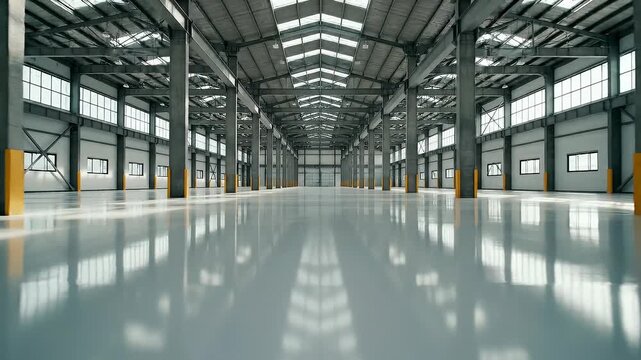 Spacious empty industrial warehouse with polished concrete floor and large windows interior