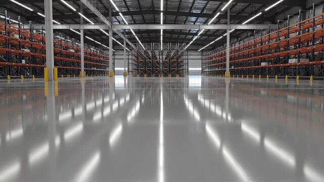 Spacious clean modern warehouse interior with empty storage racks and reflective polished floor