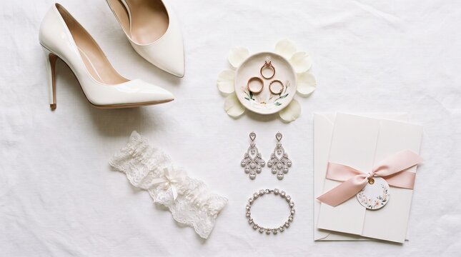 Flat lay of elegant bridal accessories with white high heels, rings, and invitation