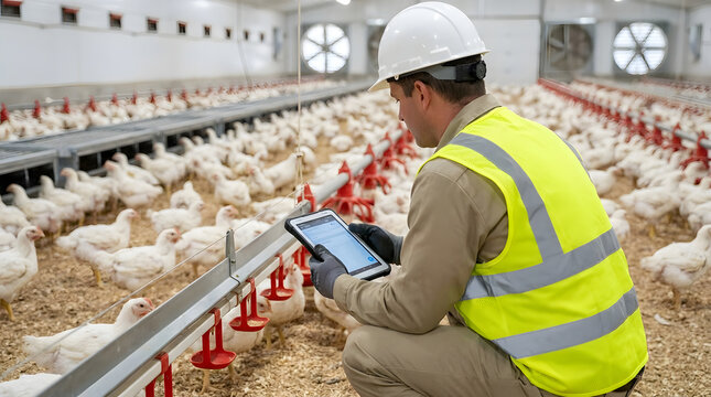 Professional agricultural worker in safety gear using a digital tablet to monitor white broiler chickens in a modern industrial poultry farm facility.