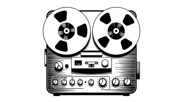 Vintage reel-to-reel tape recorder with halftone texture, analog audio device in black and white