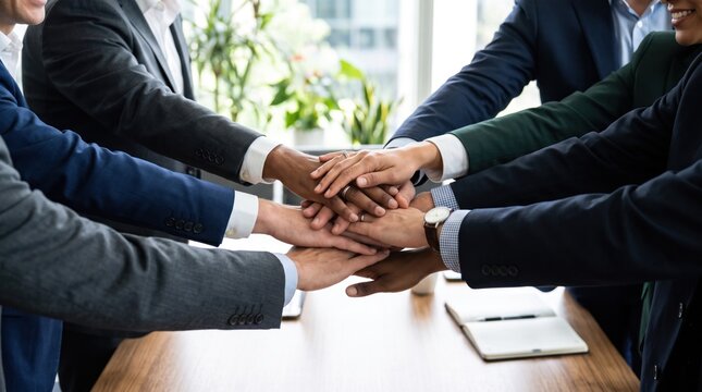 Business professionals stacking hands in unity at a office table