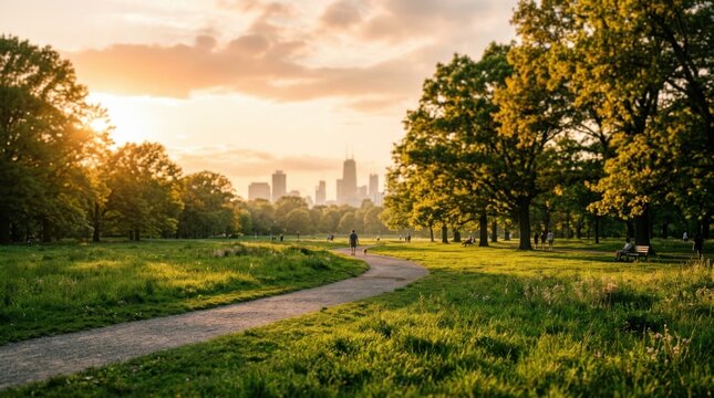 City park path during a beautiful golden sunset