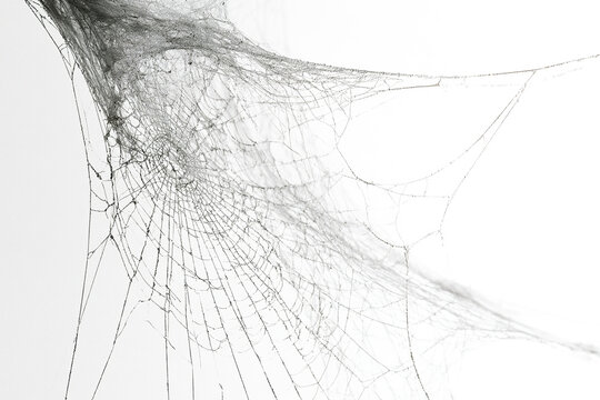 Spider web corner with delicate silver threads and intricate design, creating fragile and detailed natural pattern