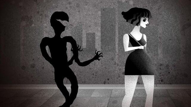 beautiful woman walking down the street harassed by a dark shadow shouting at her