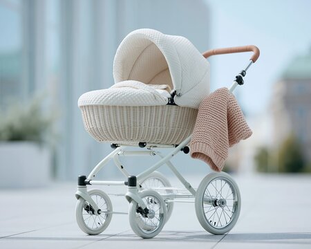 Vintage wicker baby carriage with knitted blanket in bright urban setting, with baby, carriage, wicker, pram detail, showing blanket, hood, canopy, handle context