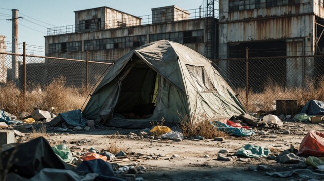 A tent sits in a dirty urban wasteland near a rusty abandoned factory. Debris and trash litter the ground, showing signs of poverty and neglect. The scene conveys hardship and isolation.