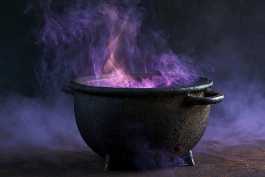 Purple magic brewing in black cauldron with bright violet glow and swirling smoke creating mysterious and enchanting atmosphere