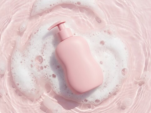 Blank pastel pink pump dispenser resting on rich white foam over gentle rippling pink water, top-down view &mdash; ideal for skincare, body wash, and beauty product mockups.