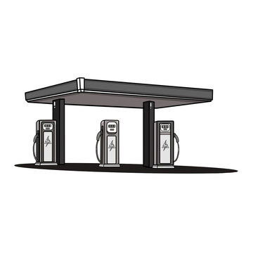 Electricity station with three charging units. Modern design under a flat canopy. Simple lines and clean shadows. For eco themed projects, , sustainable transport, renewable energy, green technology