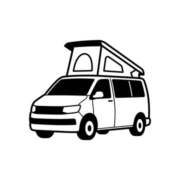 Camper van silhouette depicts a recreational vehicle with a pop up roof on a white background