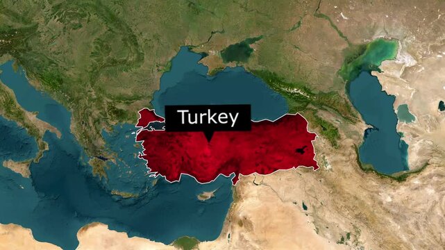 Turkey national map highlighted in vibrant red color with an interactive pointer animation on a satellite Earth view background for educational geographic video footage content