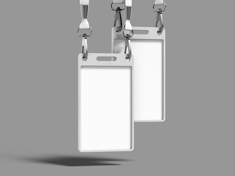 Two white ID badge holders with metal clips and lanyards mockup