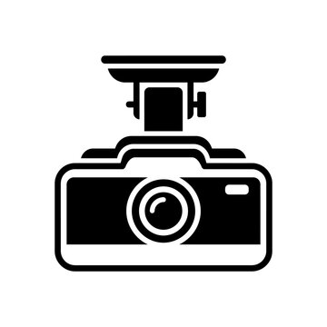 Dashcam silhouette depicts a vehicle mounted camera with a lens and mounting bracket on white