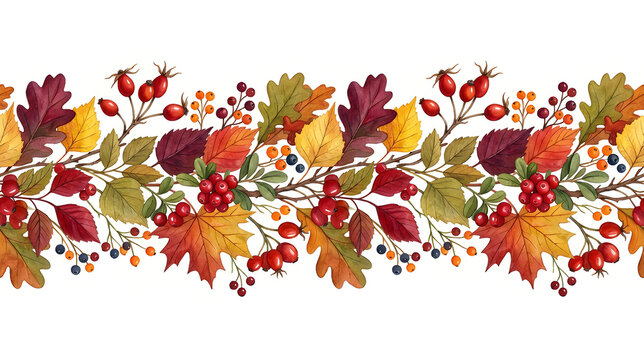 Autumn Berry Border &mdash; horizontal graphic border of colorful autumn leaves, rose hips, cranberries and tiny berries, balanced repeating composition, crisp hand-drawn shapes, burgundy, red, golden yello