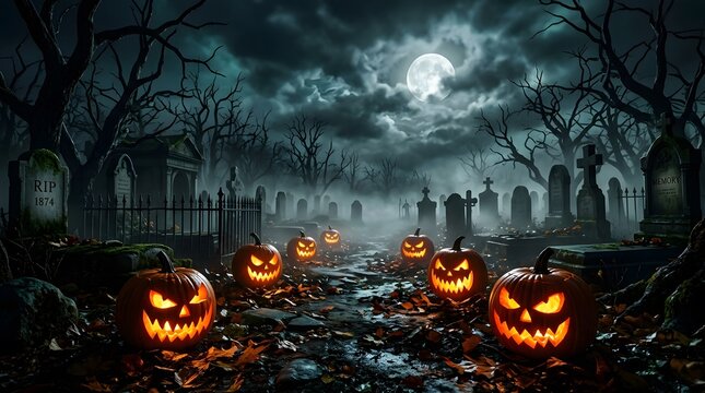 A spooky and eerie halloween night scene featuring glowing jack o' lanterns in a dark cemetery under a full moon