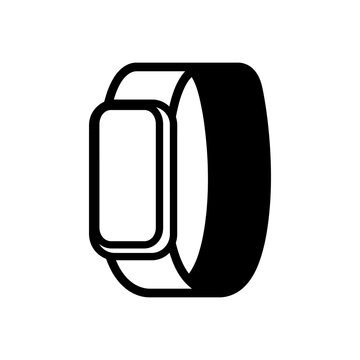 A black silhouette of a wrist worn fitness tracker with a rectangular screen is displayed
