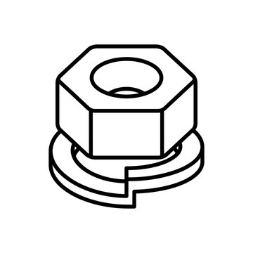 A hexagonal nut with a washer is depicted as a black and white line drawing