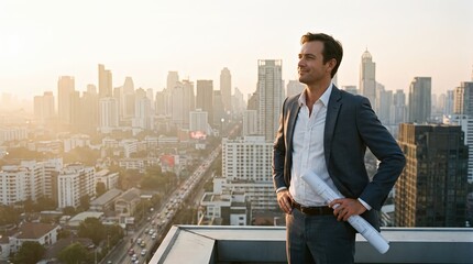 Naklejka na ściany i meble Inspirational professional lifestyle, Confident Man on Rooftop Overlooking City Skyline