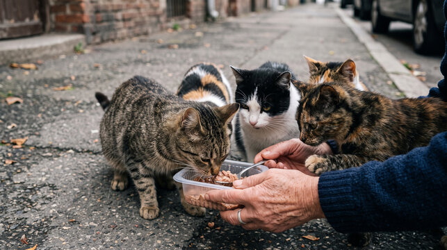 Kind hands offer food to a group of hungry street cats