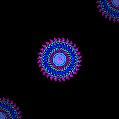 Fototapeta premium Neon mandala pattern on black background, vibrant blue and purple geometric kaleidoscope, psychedelic digital art ornament