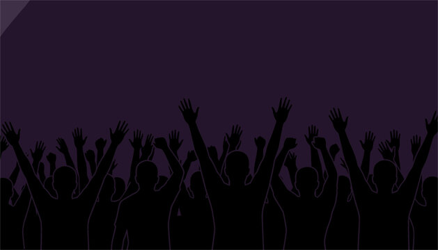 Cheering audience members raise their arms in a massive crowd silhouette against a deep purple background representing a live concert show.