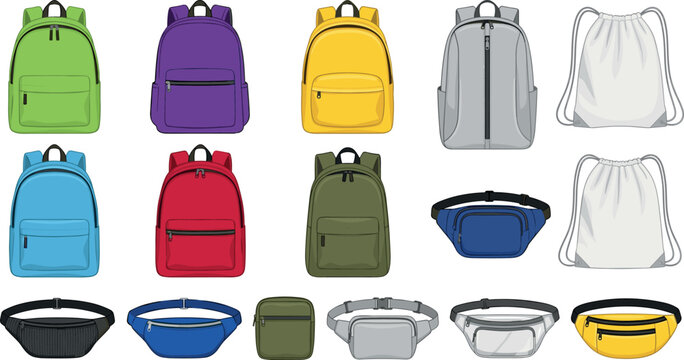 Backpack and Waist Bag Vector Icon Set with Drawstring Sacks, School Rucksacks, and Fanny Packs for Back to School Shopping and Travel Accessory Graphic Designs