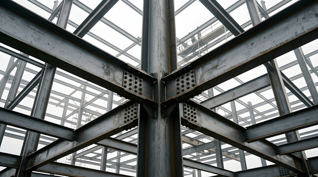 Low angle view of industrial steel framework for a high-rise building under construction featuring bolted metal beams and structural girders against a bright overcast sky background.