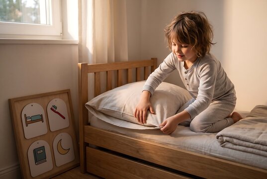 Child Making Bed Independently With Visual Daily Routine