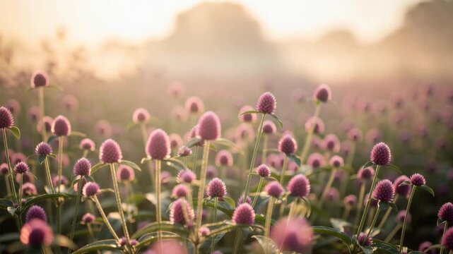 Field of blooming pink globe amaranth flowers in soft sunlight with green leaves and warm background