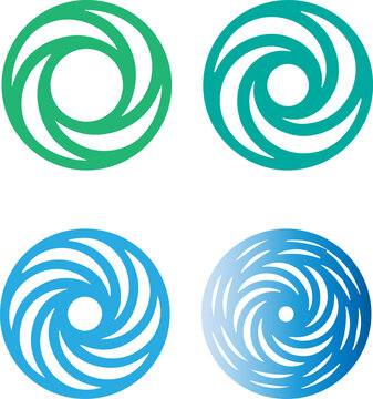 Set of four abstract circular vortex spiral swirl geometric vector designs in green and blue colors with geometric design abstract circle geometry