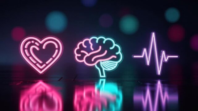 Neon heart brain and heartbeat line icons glowing on dark background with reflections health and wellness concept