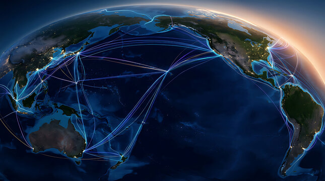 Global network connectivity visualization showing digital data flow across the Pacific Ocean and continents.