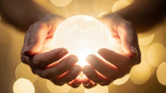 Hands gently holding glowing light orb with warm bokeh background for energy and protection concept