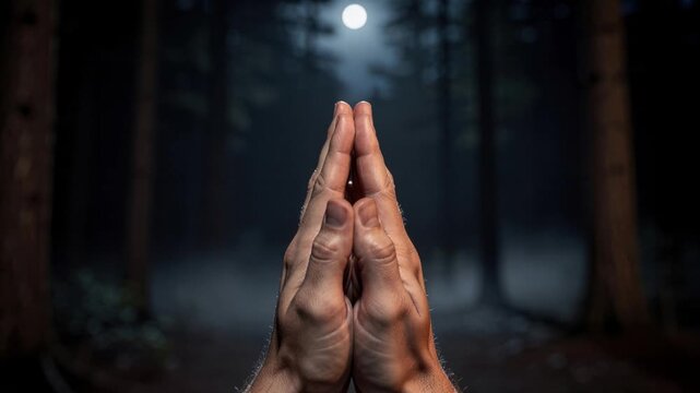 Peaceful hands joined in prayer with full moon and dark forest background at night