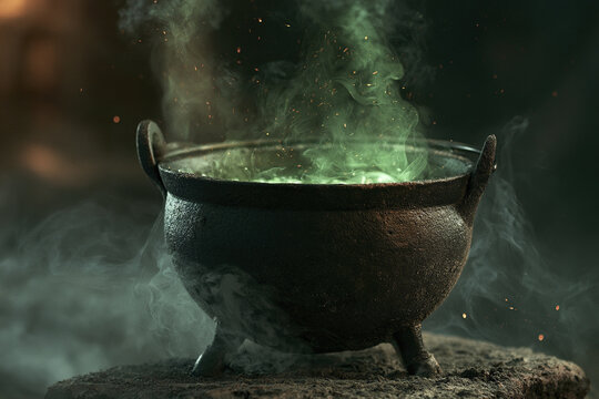 Supernatural potion bubbling in ancient cauldron with green smoke and sparks creating mysterious magical atmosphere