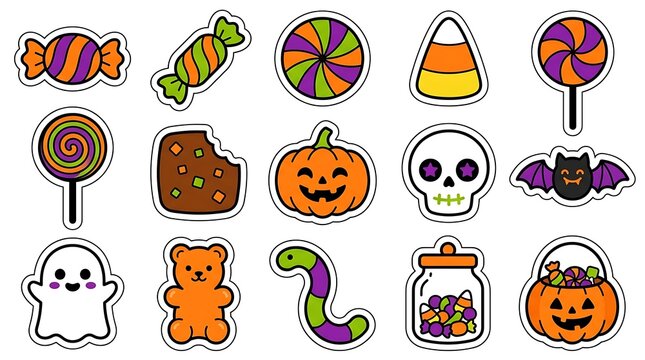 Set of cute halloween stickers featuring candy pumpkins ghosts skulls and spooky treats for holiday decorations