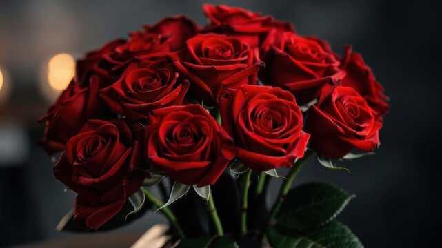 Beautiful bouquet of fresh red roses with dark background for romantic and special occasions