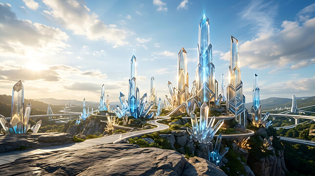 Futuristic fantasy city with giant glowing crystal towers and winding roads in a scenic landscape.