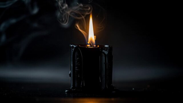 Burning black candle with glowing flame and smoke on dark background for relaxation and ambiance