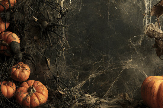 Vintage gothic Halloween background with aged ivory spider webs and dried leaves creating spooky atmosphere