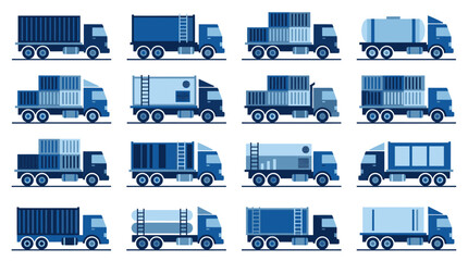 Obraz premium Collection of various cargo trucks and delivery vehicles for logistics and transportation.