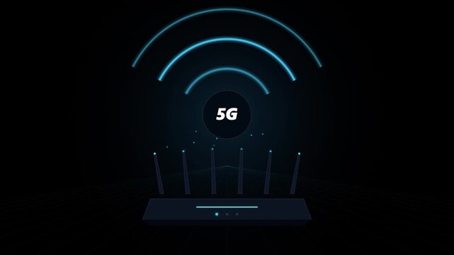 Digital 5g wireless router emitting signal waves on dark background motion graphic.