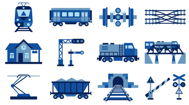 Comprehensive collection of railway and train related icons and elements.