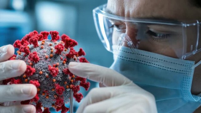 Closeup of scientist wearing protective mask and goggles examining a coronavirus model in laboratory
