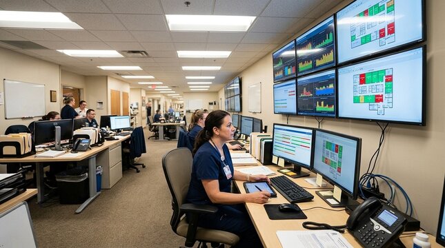 Bed management coordinator reviewing a bed occupancy prediction dashboard filtered to show only pediatric units